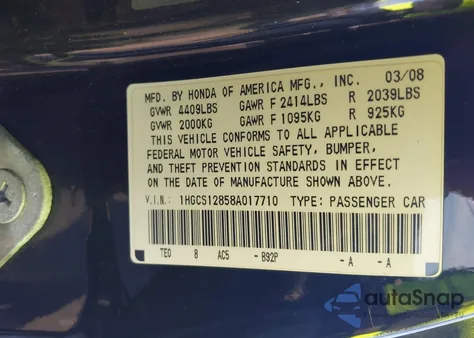 2008 Honda Accord Cpe 2.4 Ex-L/Ex-L from USA, damaged, VIN 1HGCS12858A017710